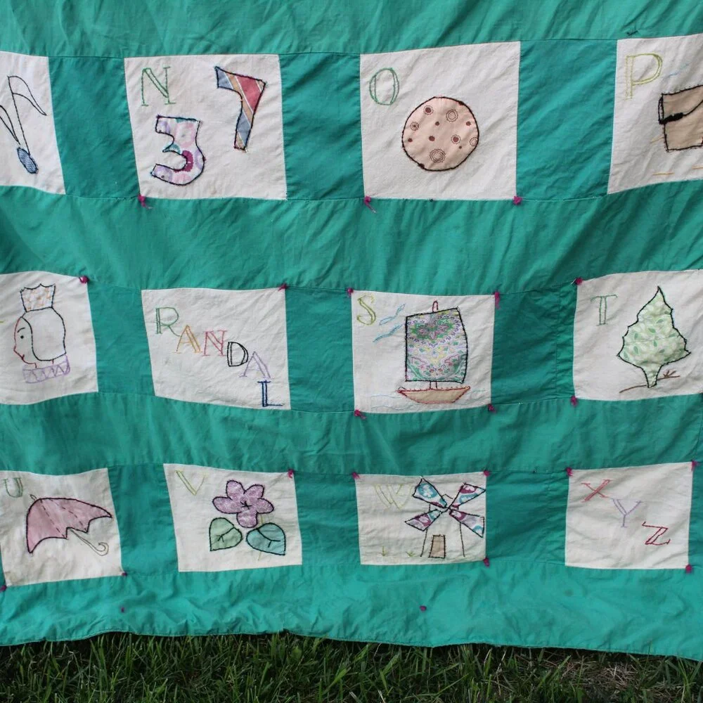 MCM Vintage Patchwork Quilt Farm House Alphabet Sampler Baby Child